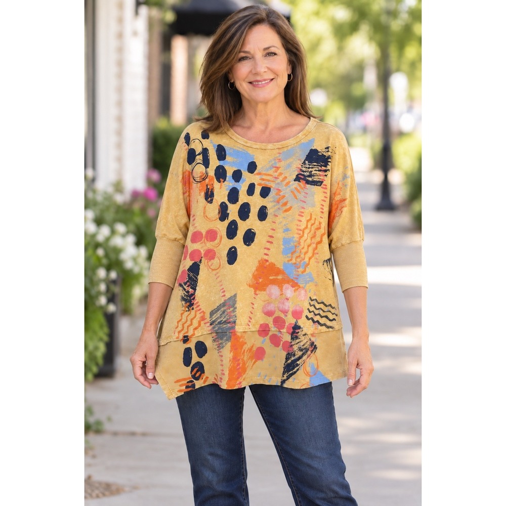 Jess & Jane Abstract Print (M)Cotton Dolman Sleeve Asym Hem-Artsy Tunic Made USA